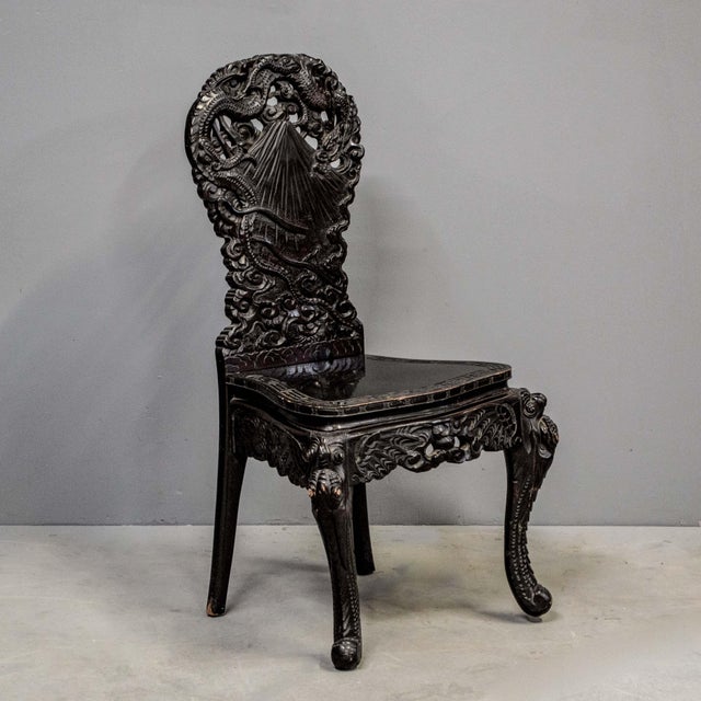 Wood Heavily Carved Antique Japanese Black Lacquer Desk & Chair For Sale - Image 7 of 10