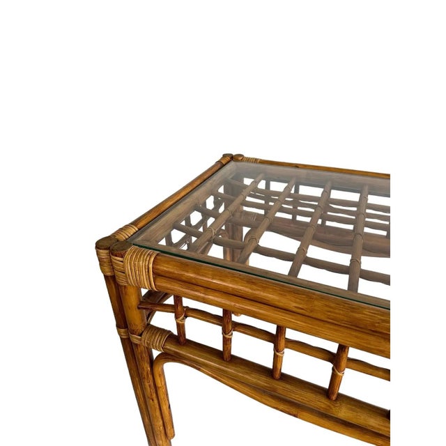 Mid 20th Century Mid 20th Century Pair of Vintage Rattan and Bentwood Glass Top Side Tables - In the Style of Franco Albini For Sale - Image 5 of 11