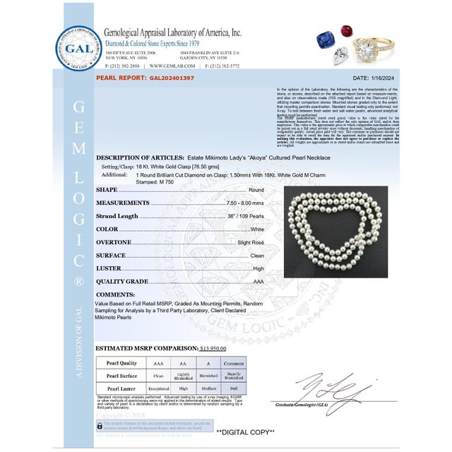 1990s Mikimoto Estate Akoya Pearl Diamond Necklace 36" 18k Gold For Sale - Image 12 of 12