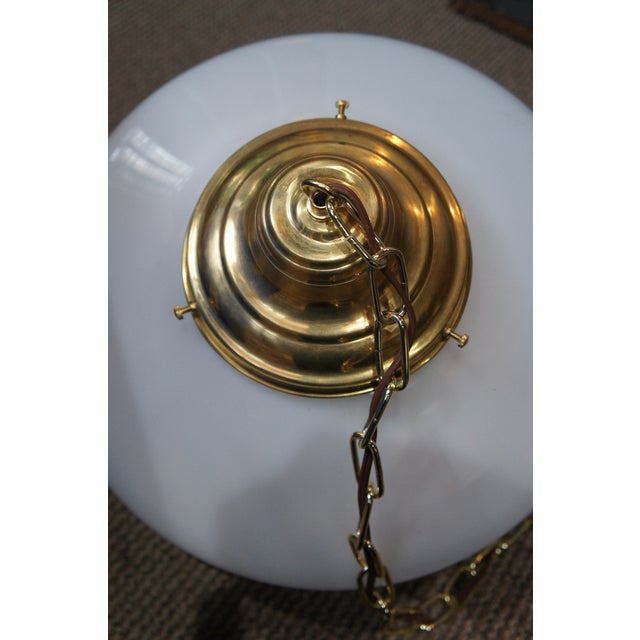 Vintage Brass Milk Glass Schoolhouse Hanging Pendant Swag Light Chandelier For Sale - Image 10 of 12