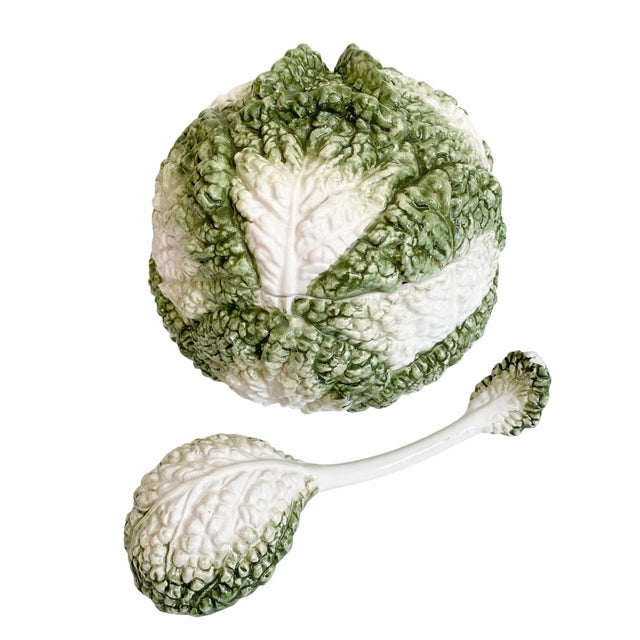 Majolica Large Vintage Majolica Cabbage Lidded Soup Tureen & Ladle For Sale - Image 4 of 12
