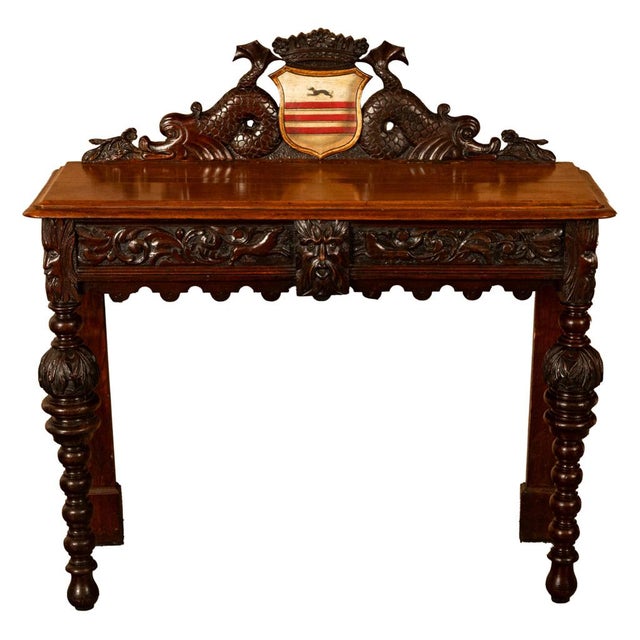 Antique Carved Oak Hall Table Skipworth Family Painted Royal Coat of Arms 1860 For Sale - Image 10 of 18