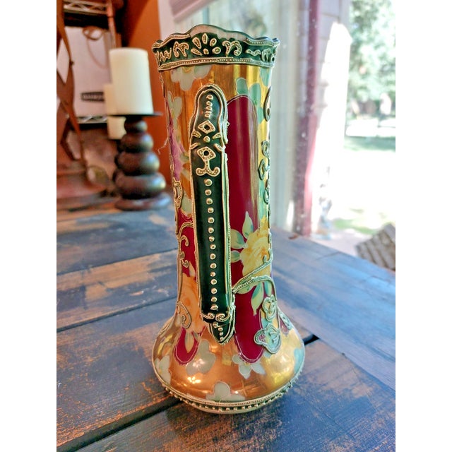 Vintage Nippon Hand Painted Raised Moriage Pitcher Vase Art Nouveau Style For Sale - Image 4 of 9