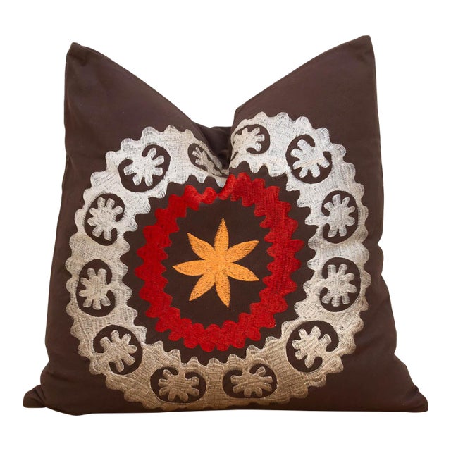 18" Square Orange Flower Suzani Pillow Cover For Sale