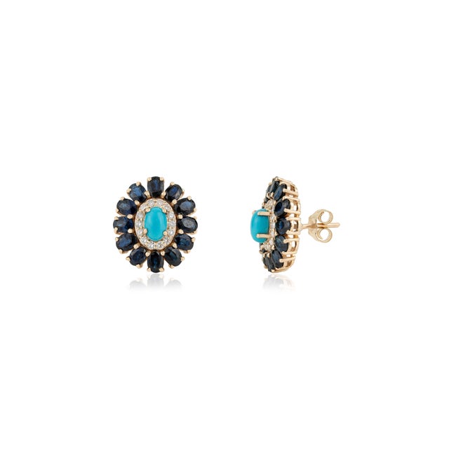 Metal 6.46ct Turquoise Sapphire Diamond Halo Floral Cluster Stud Earrings in 14k Gold-a Pair For Sale - Image 7 of 14