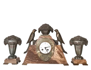 Art Deco Clock with Cassolettes in Marble, Set of 3