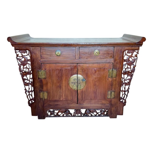 Antique Chinese Carved Elm Wood Altar Cabinet For Sale