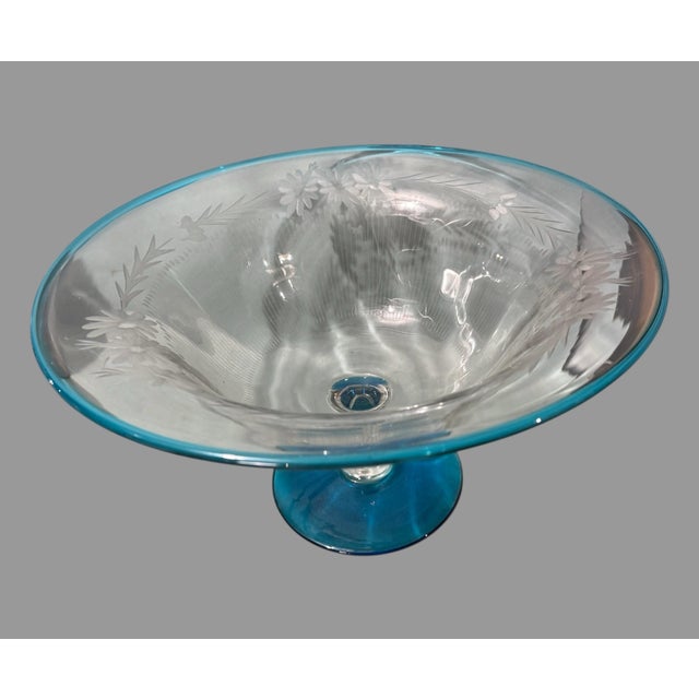 Transparent Early 20th Century Steuben Sinclaire Floral Etched Art Glass Footed Console Compote Bowl Blue Edge For Sale - Image 8 of 12