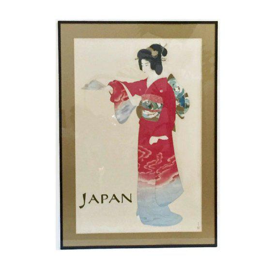 Mid Century Japan Travel Poster Original 1960s Japanese Geisha in