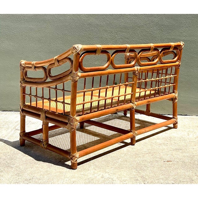 Wood Vintage Loop Rattan Loveseat For Sale - Image 7 of 12
