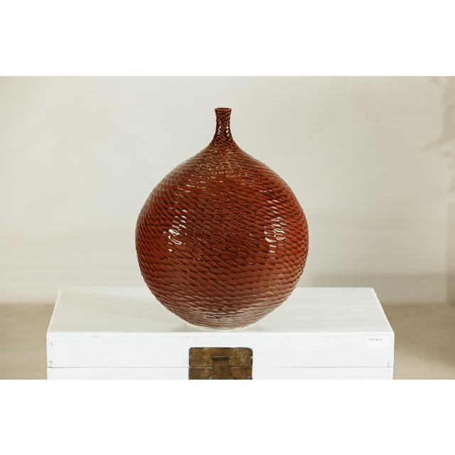 Large Handcrafted Ceramic Vase with Glossy Brown Honeycomb Texture For Sale - Image 16 of 18