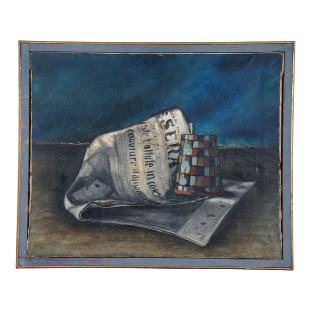 Mario Russo Italian Master Oil Painting Giornale Cappello Newspaper Hat 24" For Sale