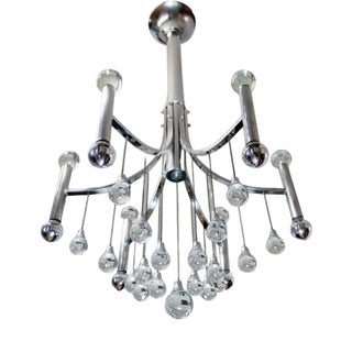 Chromed Steel 6-Light Chandelier with Crystal Pendants attributed to Gaetano Sciolari, 1960s For Sale