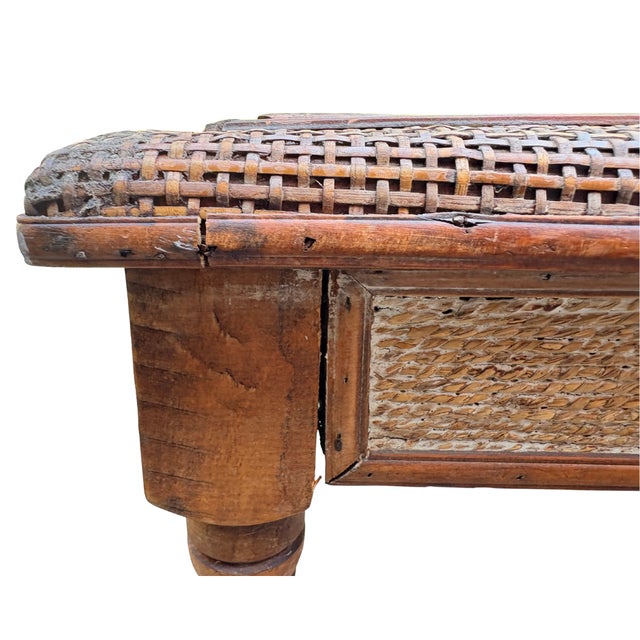 Wood Vintage Rattan and Wood Side Table With Decorative Brass Medallion For Sale - Image 7 of 9