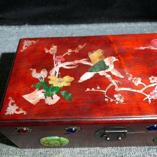 Arts & Crafts 1980s Wood Jewelry Box With Mother-of-Pearl & Gemstone Inlay, "Magpie on Plum Blossom" For Sale - Image 3 of 6