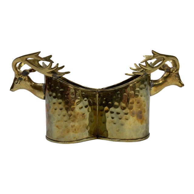 Vintage Hammered Brass Deer Double Bottle Holder For Sale