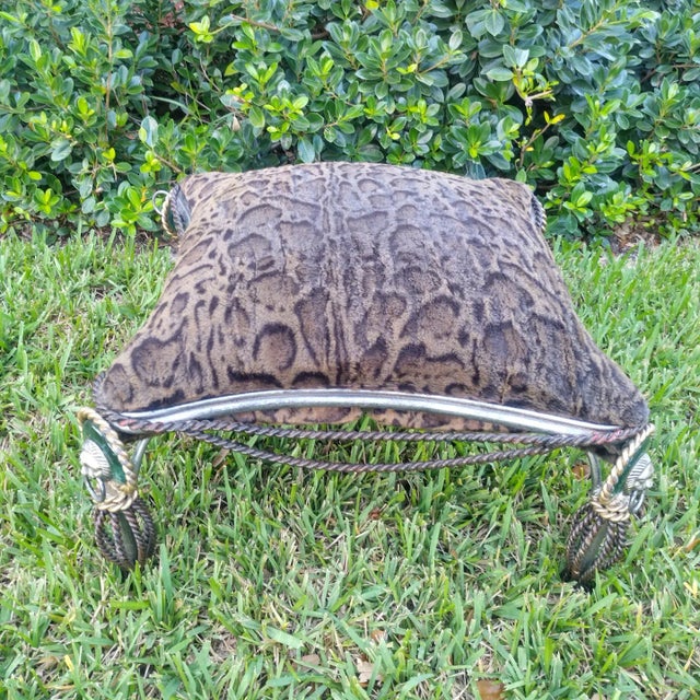 Silver Vintage Maitland Smith Heavy Braided Iron Tassel Lion Head Corner Cheetah Foot Stool Ottoman For Sale - Image 8 of 9