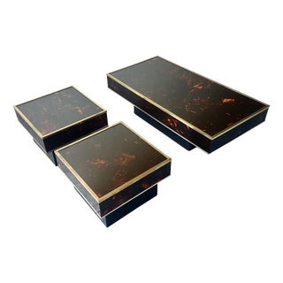 Coffee and Side Tables in Burl Wood and Acrylic Glass by Eric Maville for Jean-Claude Mahey, France, 1980s, Set of 3 For Sale