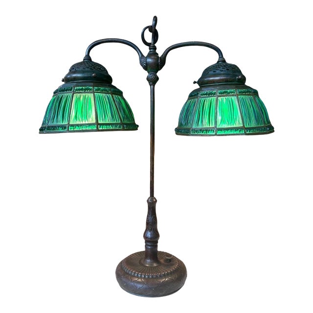 Rare Green Linenfold Double Student Table Lamp Tiffany Studio For Sale