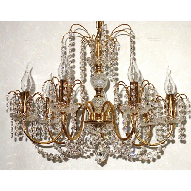 Gold Antique Brass and Lead Crystal 7-Light Chandelier from Preico, 1980s For Sale - Image 8 of 9
