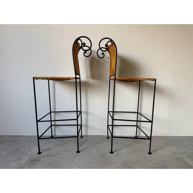 Spanish Pair of Vintage Spanish Style Wrought Iron & Leather Barstools For Sale - Image 3 of 11