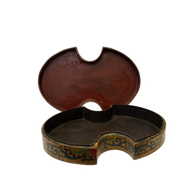 2010s Chinese Distressed Mustard Yellow Phoenix Graphic Oval Shape Box For Sale - Image 5 of 5