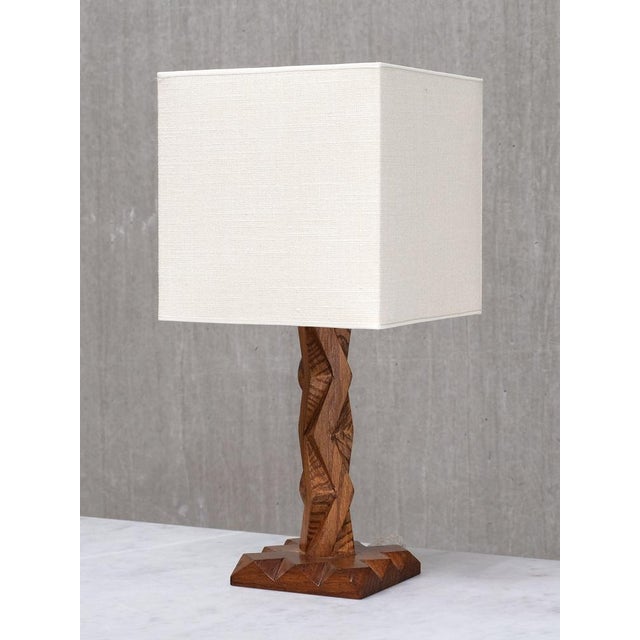 French Art Deco Geometric Oak Table Lamp with Linen Shade, Late 1930s For Sale - Image 13 of 13