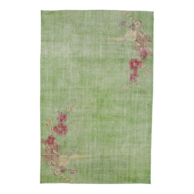 Mid 20th Century Green Floral Turkish Vintage Rug For Sale