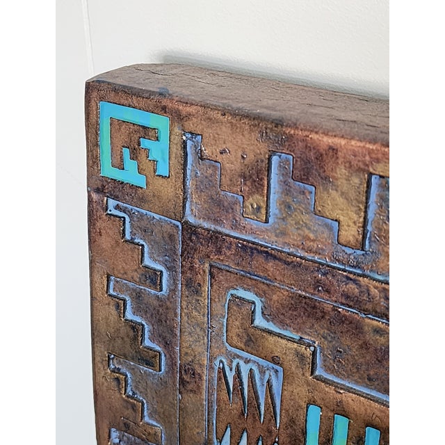 Artisan Signed Native American Navajo Tribal Diné Carved Turquoise Inlay Wall Mirror For Sale - Image 9 of 12
