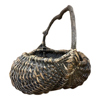 Late 19th Century Antique Japanese Bamboos Basket With Wisteria Vine Handle For Sale