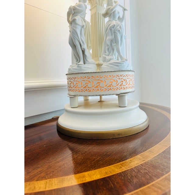 1960s Antique Neoclassical Bisque Figural Table Lamp Classical Maiden Column Form With Pierced Illuminated Base For Sale - Image 5 of 10
