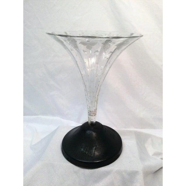 Mid 19th Century Antique English Etched Trumpet Flower Vase With Wooden Base - Circa 1880 For Sale - Image 5 of 5