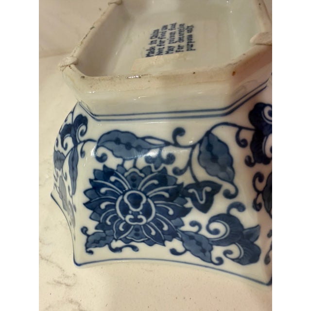 Blue & White Chinoiserie Porcelain Cachepot / Decorative Planter – 9” Square Floral Motif For Sale - Image 4 of 5