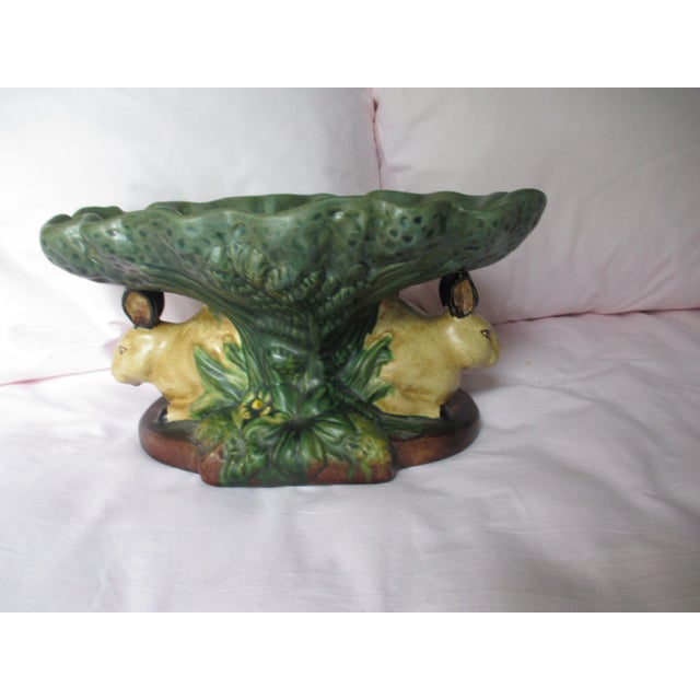 English Vintage Majolica Rabbits Under Cabbage Pedestal Centerpiece Bowl For Sale - Image 3 of 12