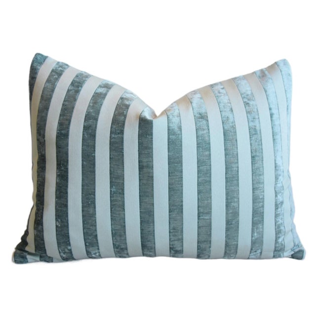 2020s French Turquoise Velvet Striped Feather/Down Pillow 23" X 17" For Sale - Image 5 of 5