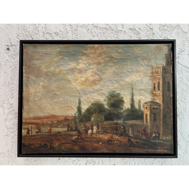 For your consideration: Bucolic antique oil on canvas landscape, well executed. Possibly 19th C European school. It has...
