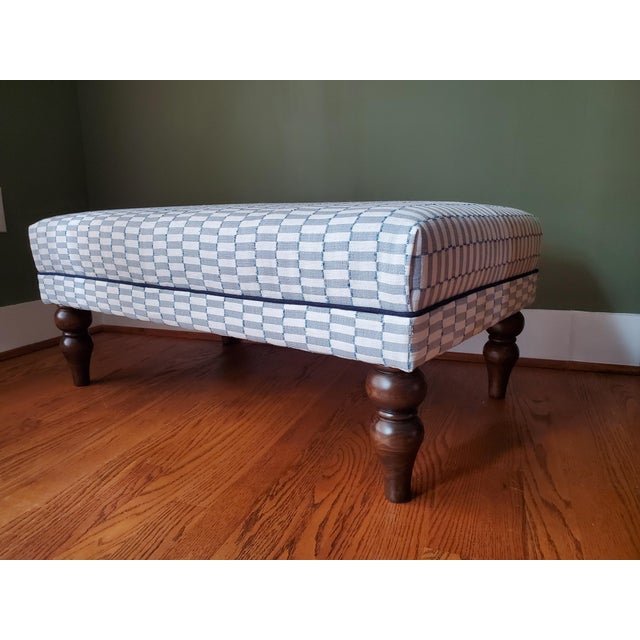 2020s Newly Upholstered English Ottoman in Blue-Grey Woven Water Fabric For Sale - Image 5 of 7