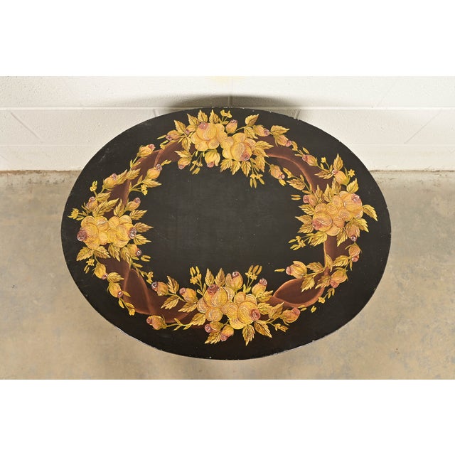 Late 20th Century Maitland Smith Neoclassical Hand-Painted Black Lacquered Oval Toleware Box or Chest on Stand For Sale - Image 5 of 15