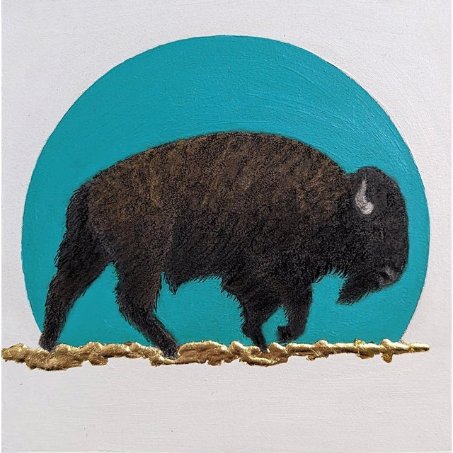 Contemporary Green Sunset by Tammy Liu-Haller | Charcoal, pastel, ink, acrylic on encaustic panel with gold leaf Bison silhouette against a teal circle. For Sale - Image 3 of 3