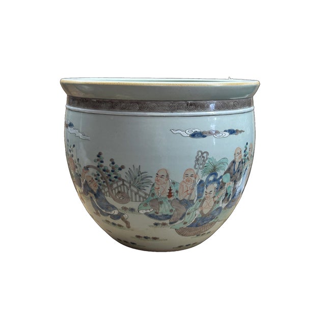 Vintage Oriental 18 Arhats Graphic Porcelain Round Pot Planter For Sale - Image 4 of 10