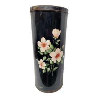 Vintage Tole Black Metal Landry Hamper with Hand Painted Pink Roses For Sale