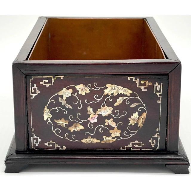 Wood Antique Chinese Mother of Pearl Inlaid Hardwood Jardinière with Copper Liner For Sale - Image 7 of 12