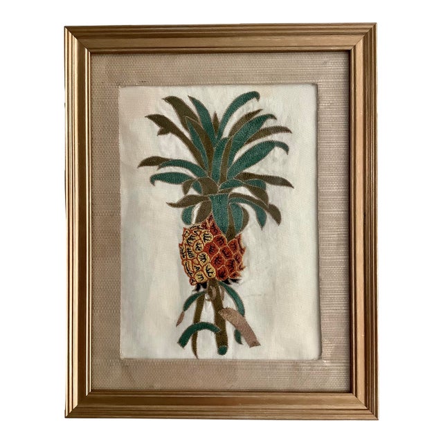 Vintage Embroidered Pineapple Linen Artwork For Sale