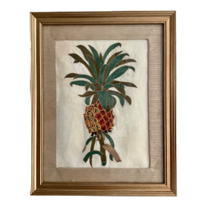 Vintage Embroidered Pineapple Linen Artwork