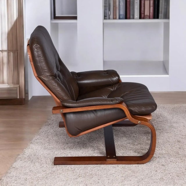 Pair of Brown Leather Scandinavian Cantilever Bentwood Sling Chairs For Sale - Image 11 of 13