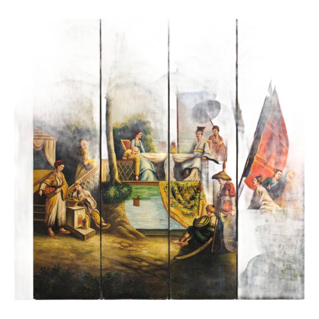 Hand-Painted Four-Panel Chinese Export Screen with Tropical Court Scene For Sale