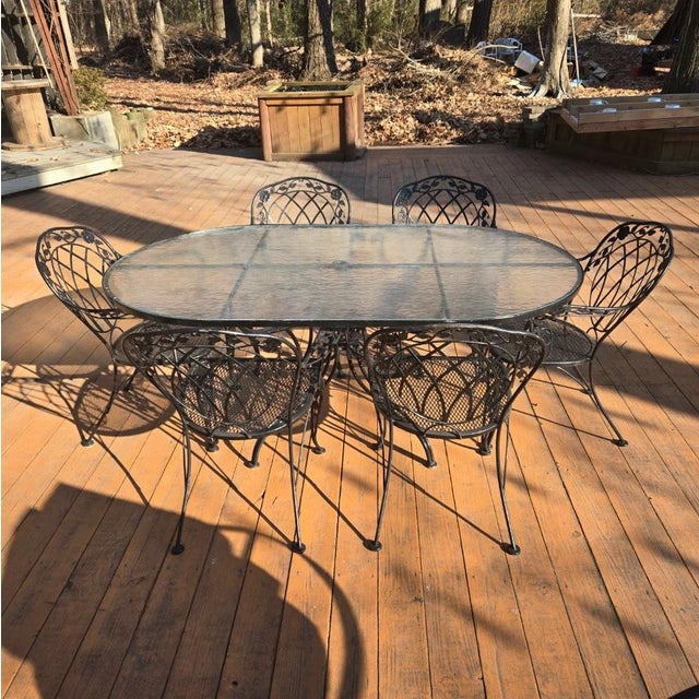 Vintage Wrought Iron Outdoor Table With Glass Top and 6 Chairs For Sale - Image 4 of 14