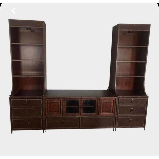 Brown Mahogany 3 Piece Wall Unit Lighted Curious and Storage. Leather Tops. For Sale - Image 8 of 12