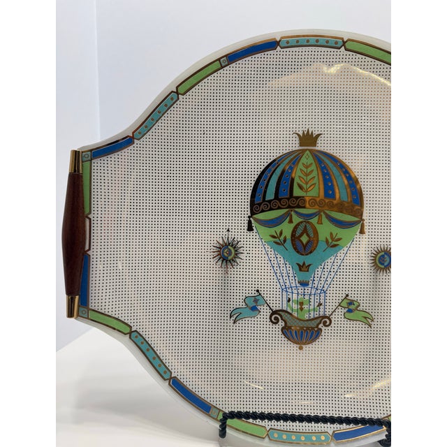 Plastic Vintage Georges Briard Lucite Serving Tray Hot Air Balloon MCM Gold Wood Handles Signed For Sale - Image 7 of 10