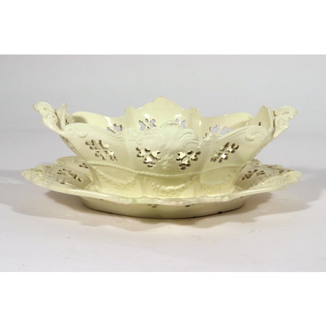 English Creamware Rococo Fruit Baskets and Stands, Pair, Pierced and Shell-Molded For Sale - Image 13 of 18